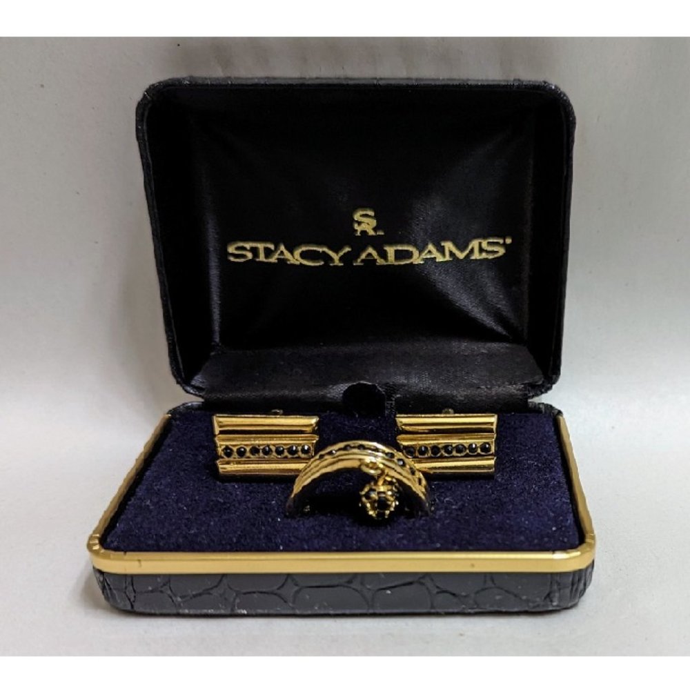 🆕 GOLD TONED WITH BLACK CRYSTALS CUFF LINKS w/TIE CLIP - MEN